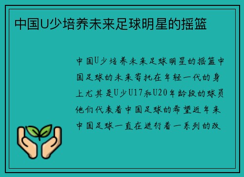 中国U少培养未来足球明星的摇篮